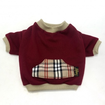 Camisola de malha bordeaux para cão com bolso xadrez bege