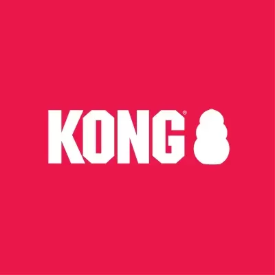 Logótipo branco da marca KONG com ícone de brinquedo em fundo vermelho.