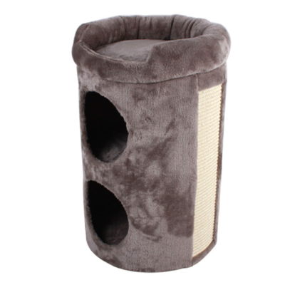 Arranhador cilíndrico castanho para gatos com buracos e superfície para arranhar