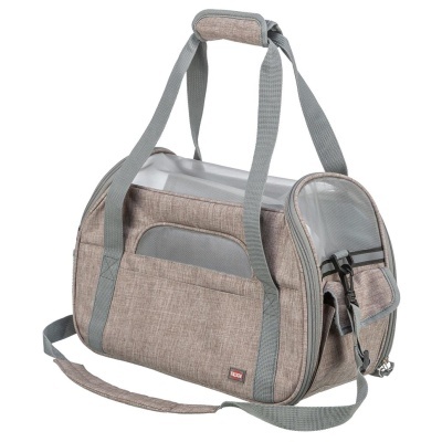 Bolsa transportadora cinzenta com partes em rede e alças de ombro