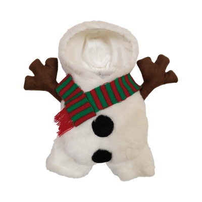 Casaco de pelúcia branca com capuz, cachecol verde e vermelho, braços castanhos de pelúcia