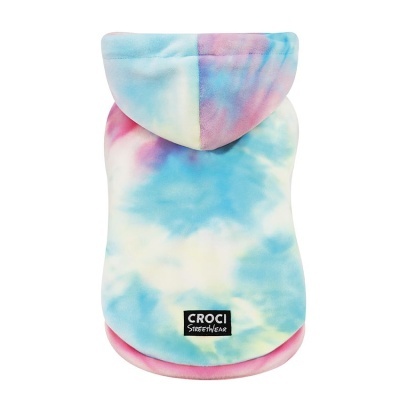 Casaco para cão tie-dye azul, rosa e amarelo com capuz e etiqueta CROCI STREETWEAR