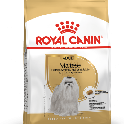 Saco de ração Royal Canin Maltese Adult para cães com design dourado e branco e imagem de cão Maltês