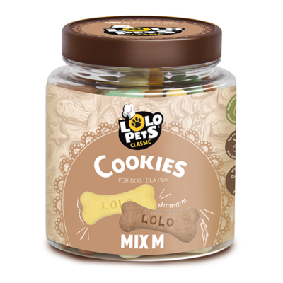 Frasco de biscoitos para cães LOLO Pets Classic com rótulo bege e tampa castanha.