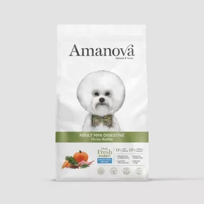 Saco branco de alimentos para cães Amanova com imagem de cão branco e texto explicativo