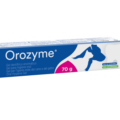 Gel detergente Orozyme para higiene oral de cães e gatos, embalagem branca e azul, 70 g