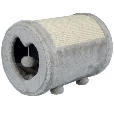 Túnel cinzento para gatos com sisal e bolinha pendurada
