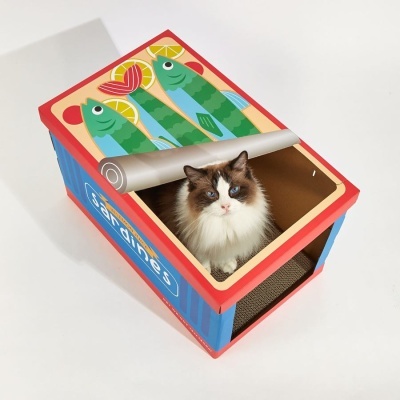 Caixa de cartão com design de lata de sardinhas e gato dentro