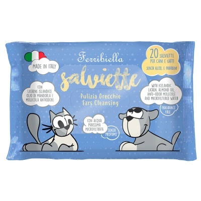 Embalagem azul de toalhitas para cães e gatos com desenhos de gato e cão
