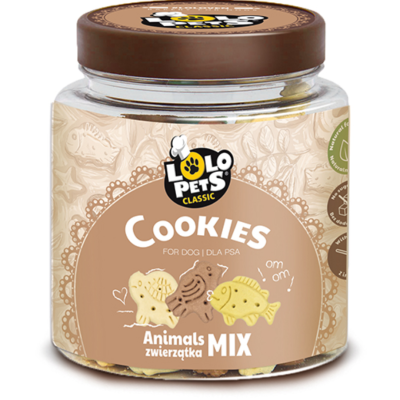 Frasco com biscoitos para cães em formas de animais, rótulo castanho claro