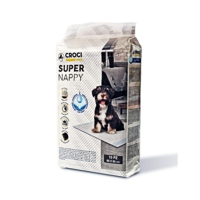 Pacote de fraldas para cães CROCI SUPER NAPPY com cão preto e branco na frente.