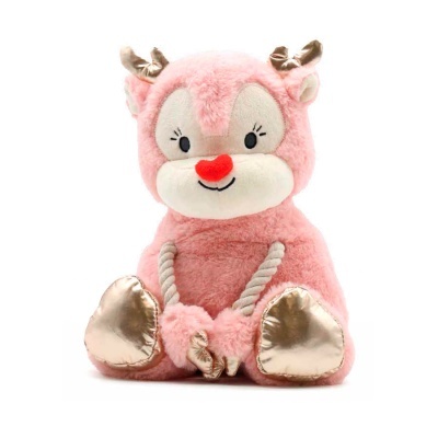 Urso de peluche rosa com nariz vermelho e patas douradas
