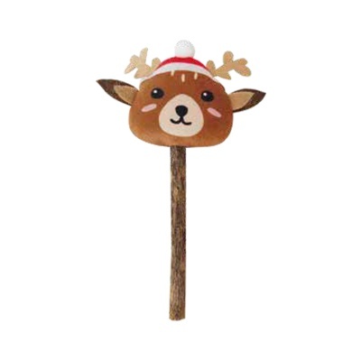 Brinquedo ou decoração em forma de rena com chapéu vermelho e branco em cabo de madeira