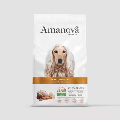 Embalagem de ração para cão Amanova Adult Medium Exquisite Chicken branca com cão e texto