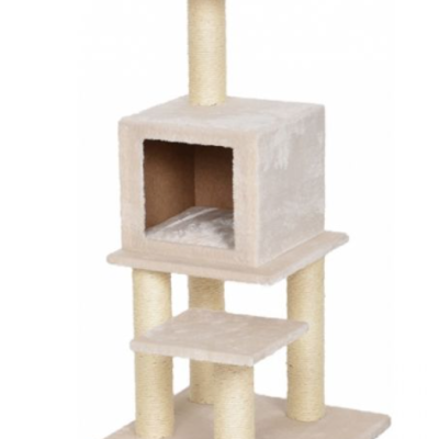 Arranhador para gatos bege com plataformas e cubículo em vários níveis