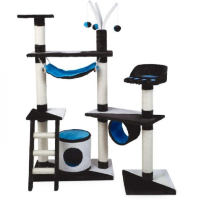 Arranhador para gatos preto, branco e azul com redes, plataformas, escada e brinquedos