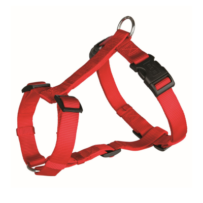 Trela peitoral para cão vermelha com fivelas pretas e argola metálica