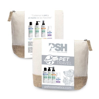 Necessaire em pano cru com cosméticos para animais da marca PSH PET SKIN HEALTHCARE PET TRAVEL.