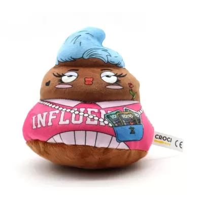 Pelúcia castanha em forma de cocô com cabelo azul e vestido rosa com texto INFLUERCER