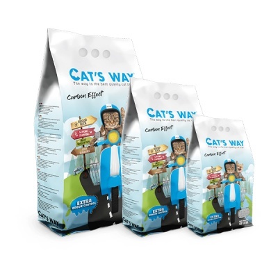 Três sacos de ração para gato CAT'S WAY com design azul e branco e imagem de gato numa motoreta.
