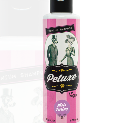 Frasco de champô premium Petuxe rosa e branco com tampa preta e ilustração vintage