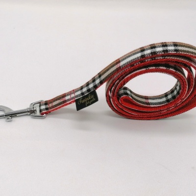 Trela para cão xadrez vermelho bege preto com fecho metálico