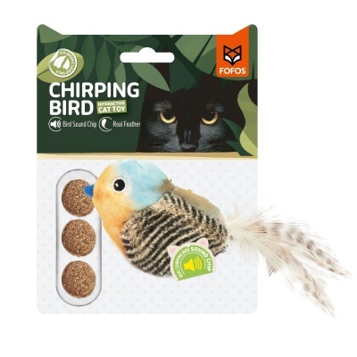 Brinquedo de gato em forma de pássaro com penas e chip sonoro em embalagem verde da marca FOFOS.