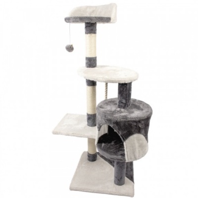 Arranhador para gatos cinza com várias plataformas e abrigo cilíndrico