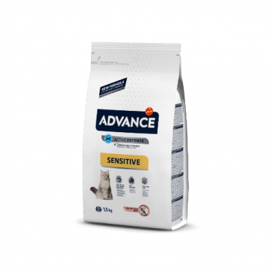 Pacote de alimento para gatos ADVANCE Sensitive branco com detalhes em azul e amarelo