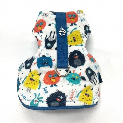 Colete para cão com estampado de monstros coloridos e detalhe azul escuro