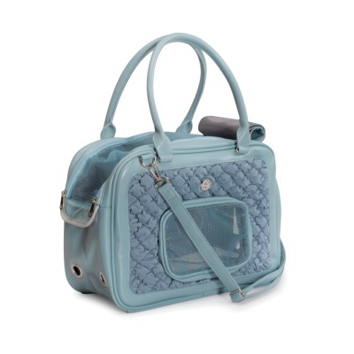 Mala azul clara para transporte de animais com painéis em rede e alças