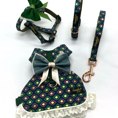 Conjunto de acessórios para cães com padrão geométrico colorido e laço azul