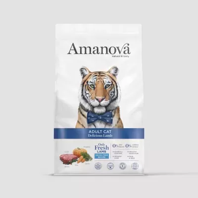Embala de ração para gato Amanova Delicious Lamb com imagem de tigre de gravata azul