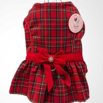 Vestido para cães vermelho xadrez com laço vermelho e etiqueta Twinkie for pets