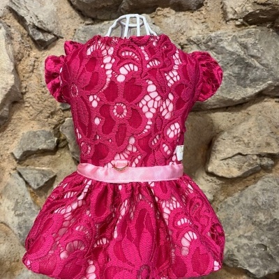 Vestido vermelho de renda floral com cinto rosa em manequim contra parede de pedra