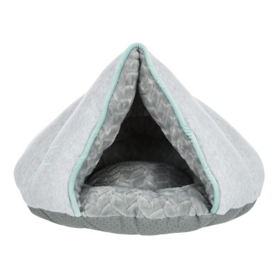 Cama para animais cinzenta em forma de tenda com interior acolchoado