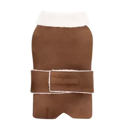 Casaco castanho para cão com gola branca felpuda e faixa larga para ajuste