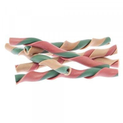 Biscoitos espiralados coloridos em verde, rosa e bege