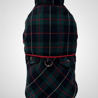 Casaco para cão xadrez azul escuro com bolsos e argola metálica