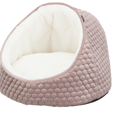 Cama para animais de estimação rosa com interior branco macio e design em forma de cúpula
