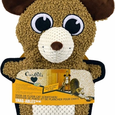 Peluche de rato castanho para gatos com etiqueta amarela