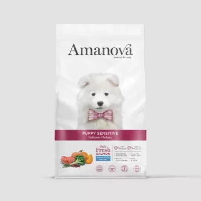 Saco de ração Amanova Puppy Sensitive para cachorros com salmão