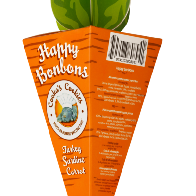 Embalagem em forma de cenoura laranja com tampa verde para biscoitos para cães Happy Bonbons