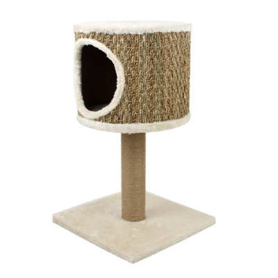 Arranhador para gatos com base quadrada, poste de sisal e casa circular revestida em fibra natural e tecido creme