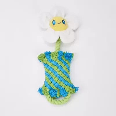 Brinquedo para cão em forma de flor colorida com tecido macio e trançado.
