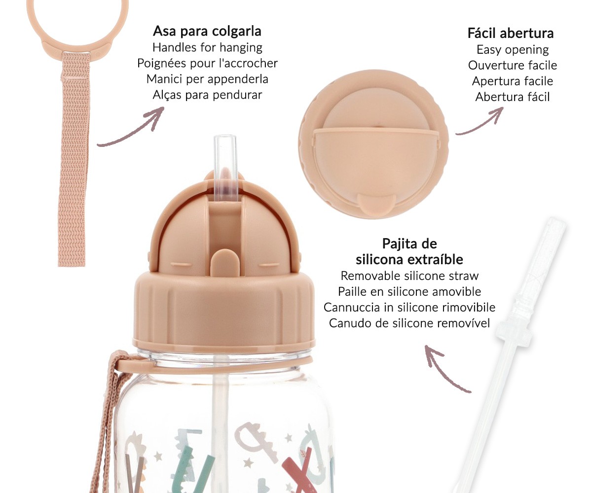 Garrafa transparente com tampa rosa e canudo de silicone