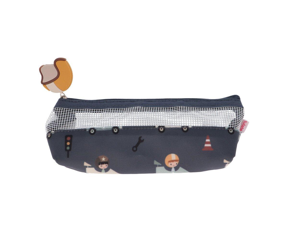 estojo escolar azul com padrões e fecho superior