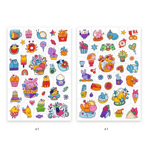 Duas folhas com autocolantes coloridos de desenhos animados com animais e comida.