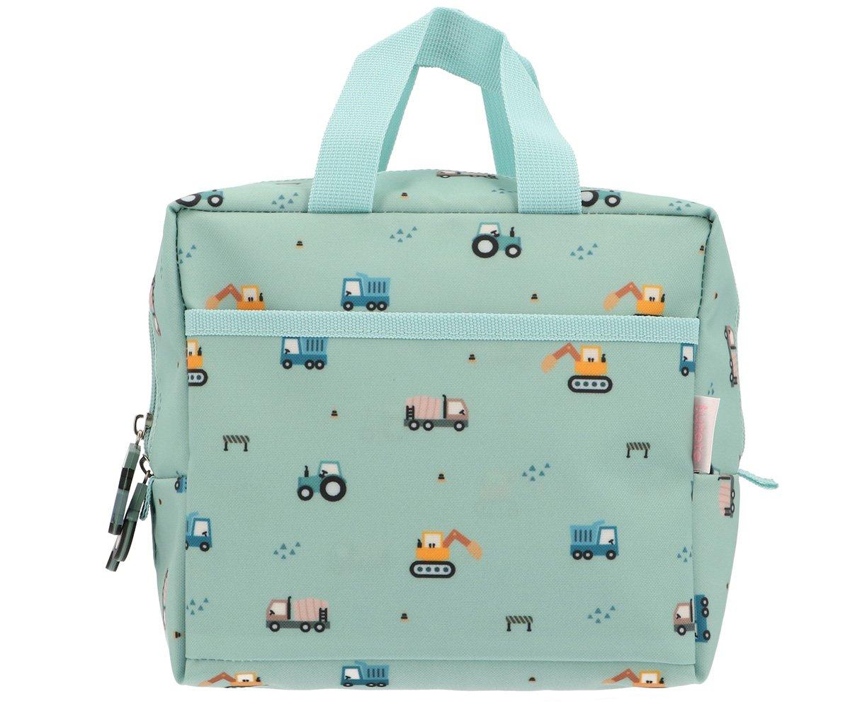 Mochila infantil verde água com padrão de veículos de construção