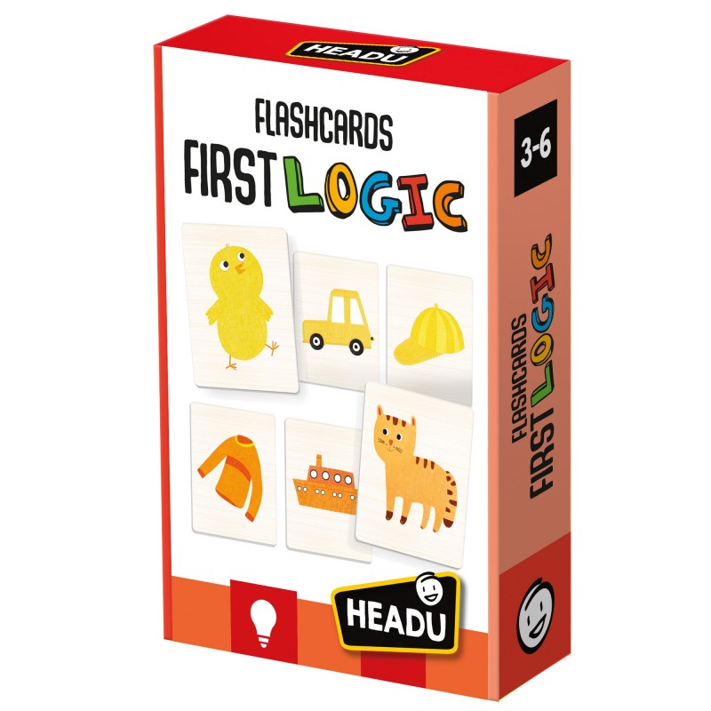 Caixa de flashcards FIRST LOGIC para crianças de 3-6 anos com imagens de animais e objetos.